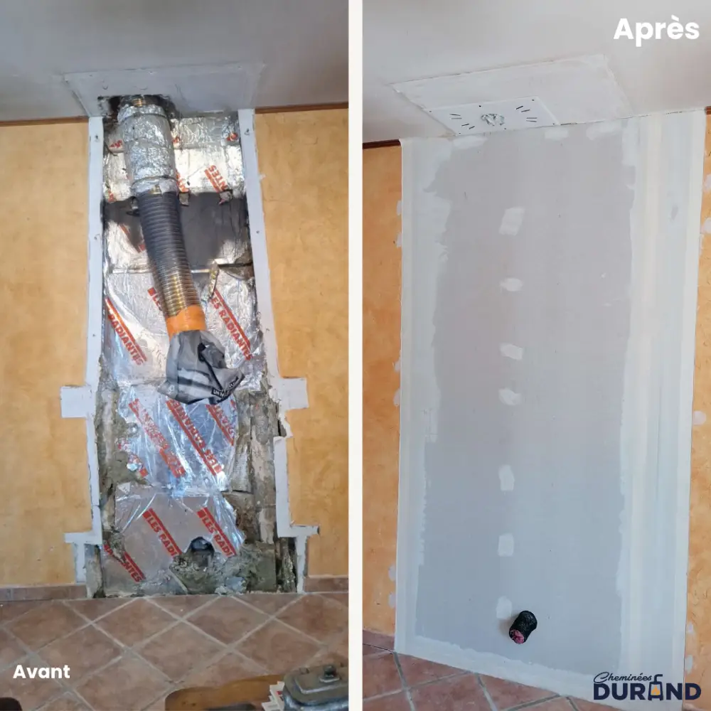 Photos avant et après la reprise du mur d'adossement, suite à la dépose de la cheminée