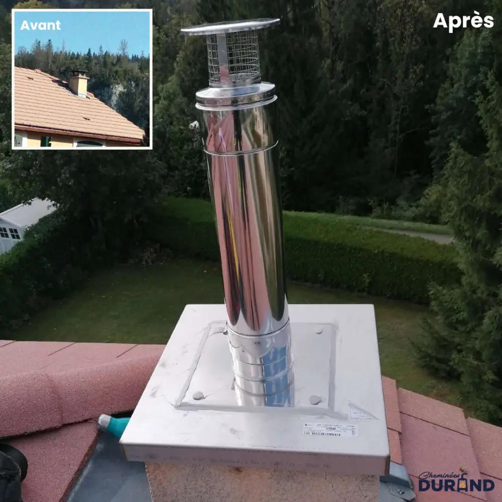 Rehausse sortie de toit en inox, avec plaque d'étanchéité et chapeau anti-volatile.