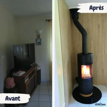 Image avant/après : avant avec coin télé et après avec poêle à bûches Spartherm Passo XS Style noir en fonctionnement