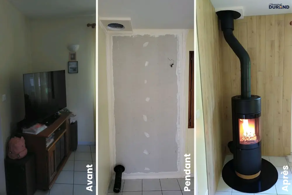 Triptyque avant-pendant-après : avant avec coin télé, pendant avec mur d'adossement repris + création trous arrivée d'air et départ conduit de fumées, après avec poêle à bûches Spartherm Passo XS Style noir en fonctionnement